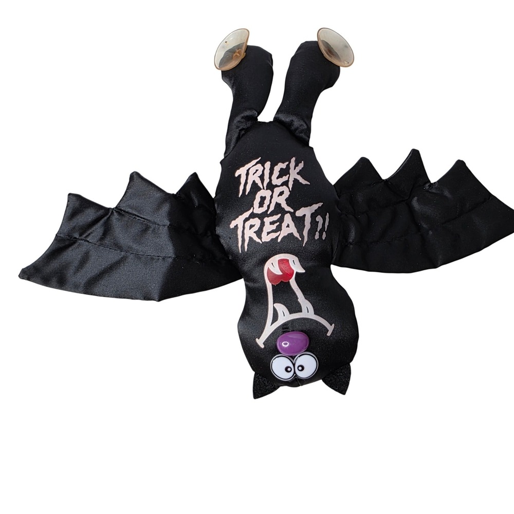 Vtg Halloween Bat Plush Hanging Window Decor Trick or Treat Blk Suction Cup 90s